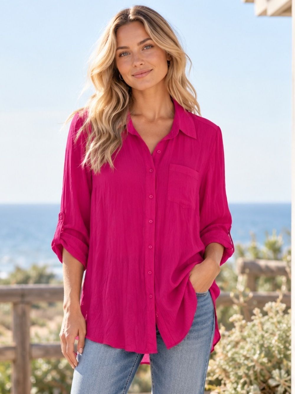 Just Found Fuchsia Button-Down Shirt - Lightweight Long Sleeve